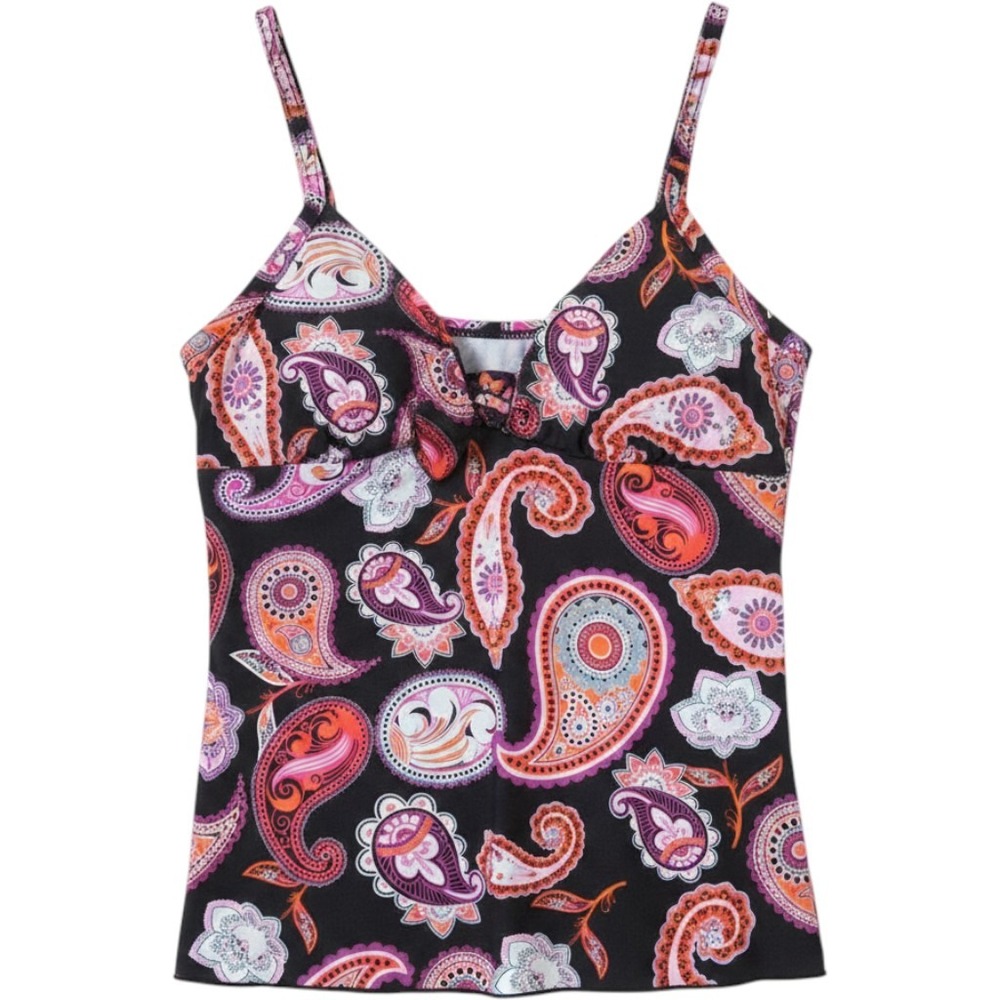 Island Pearls Tank Top Womens Small Black V Neck Sleeveless Paisley Ruffle